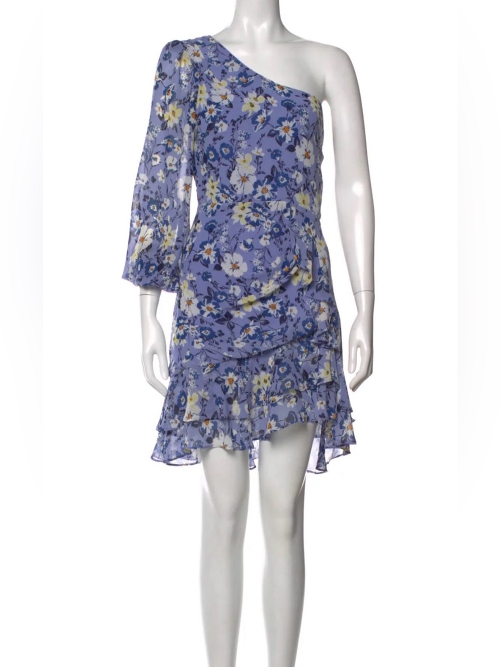 ASTR The Label Floral One Shoulder Mini Dress M Blue Ruffle Hem Party - Picture 1 of 10